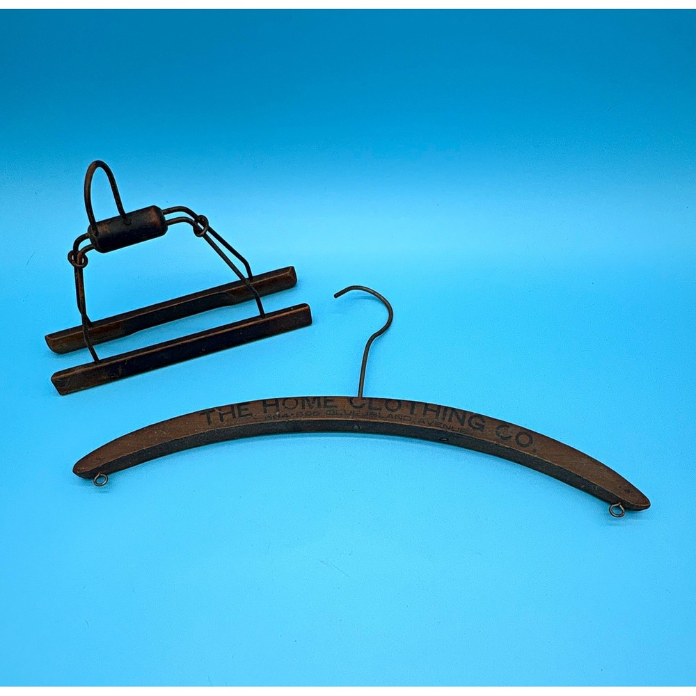 Vintage Wood Suit Hanger Lot The Home Clothing Co Chicago IL Trouser Clamp